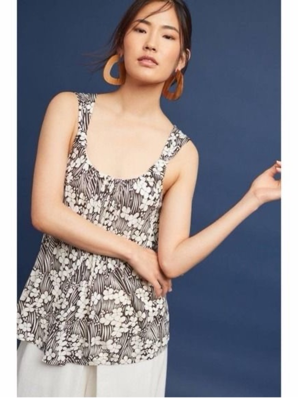 Anthropologie Black and White Floral Gathered Tank
